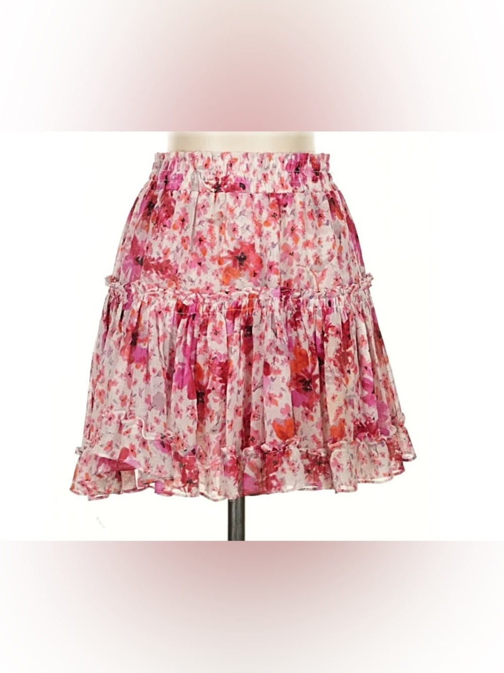 Misa Los Angeles Pink‎ Floral Tiered Mini Skirt, Large, Designer, Chic, Feminine